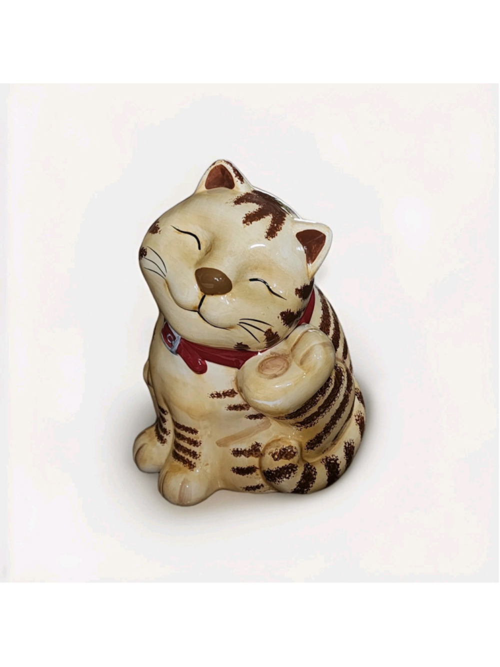 Vintage CKAO Fat Tabby Cat Cookie Jar Smiling Orange Striped Ceramic Red Collar